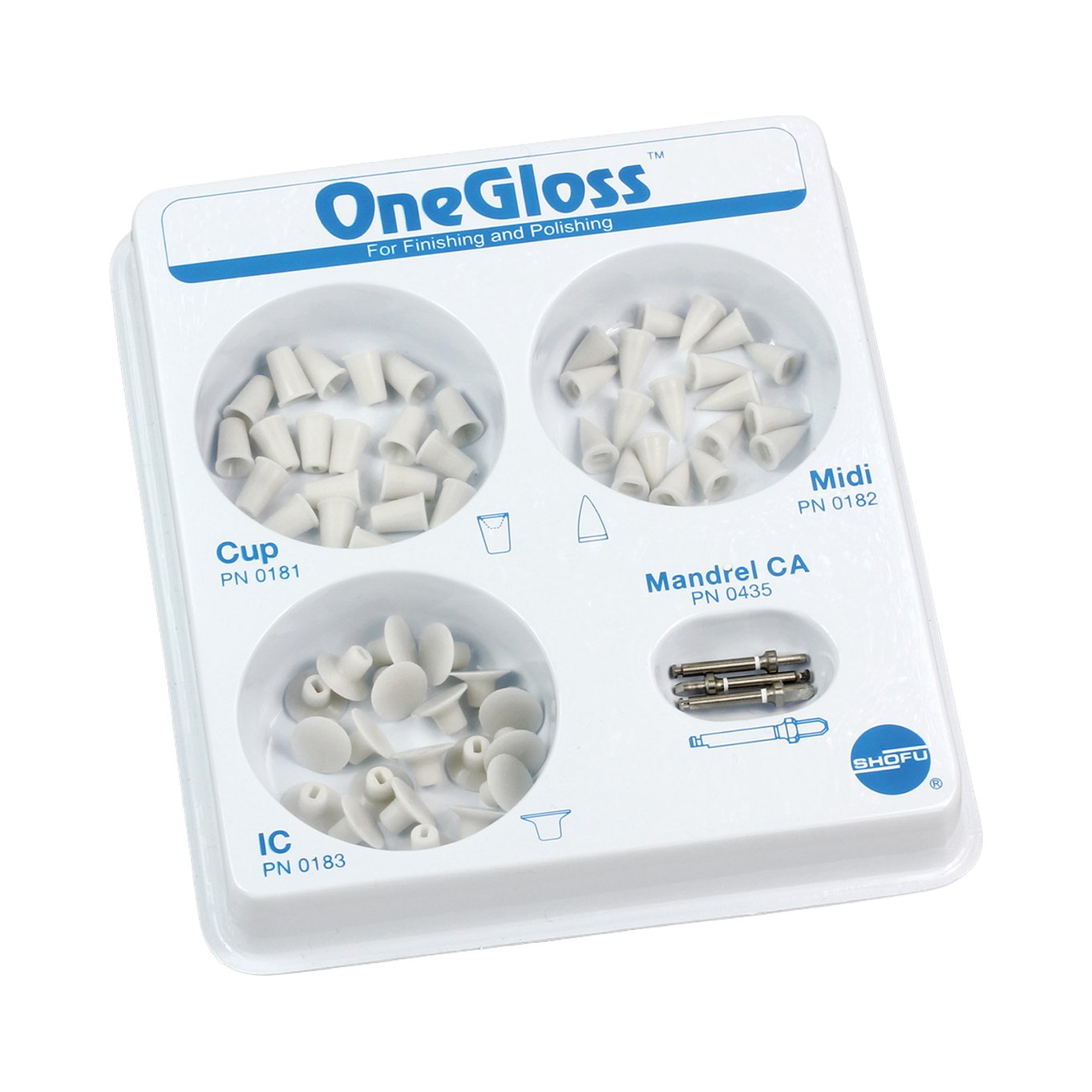 Набор полиров OneGloss Set №0180 (20 чашек, 20 конусов, 20 обратных конусов, 3 мандрели), Shofu